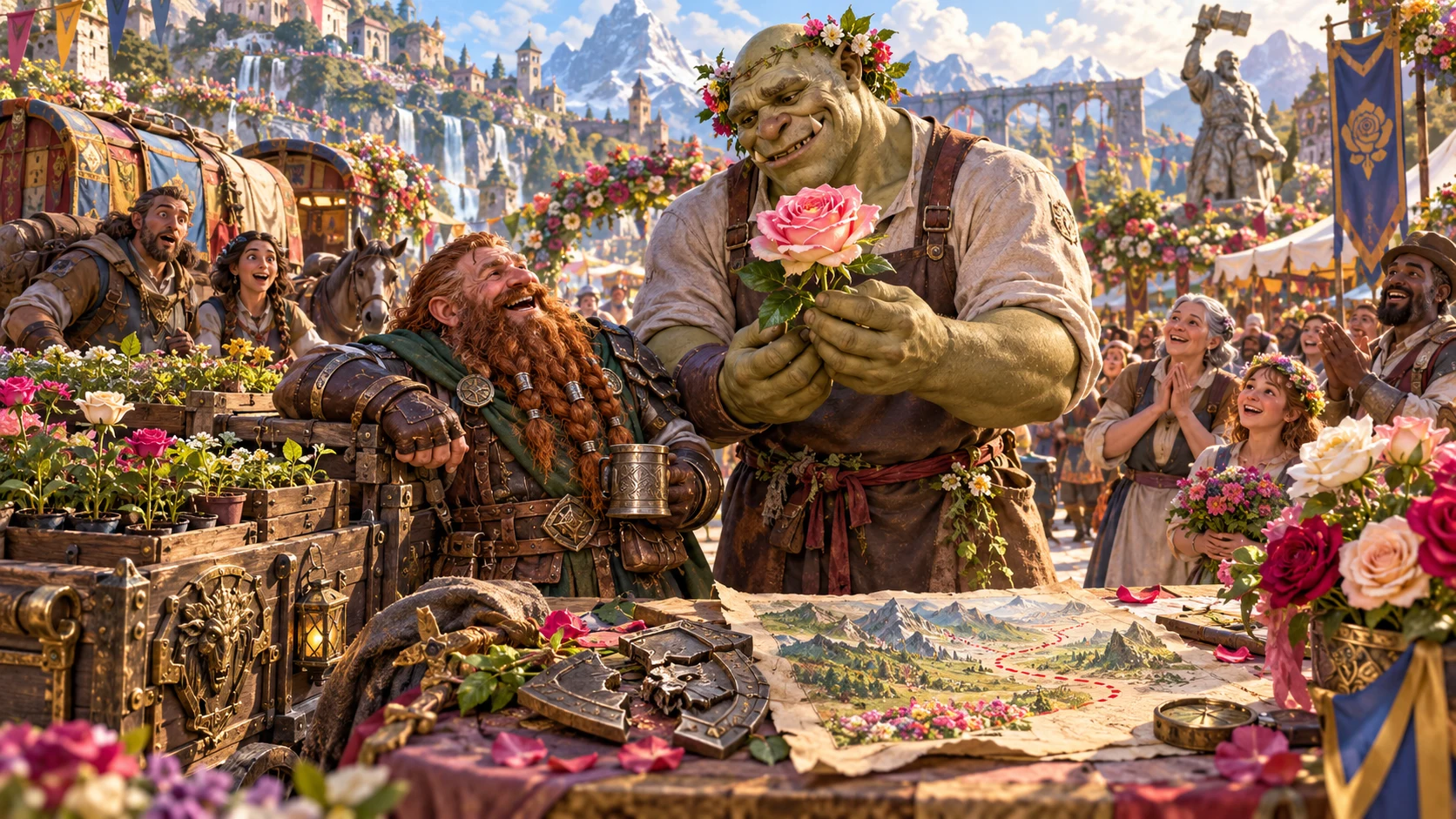 Illustration of an unexpected friendship at a rose festival
